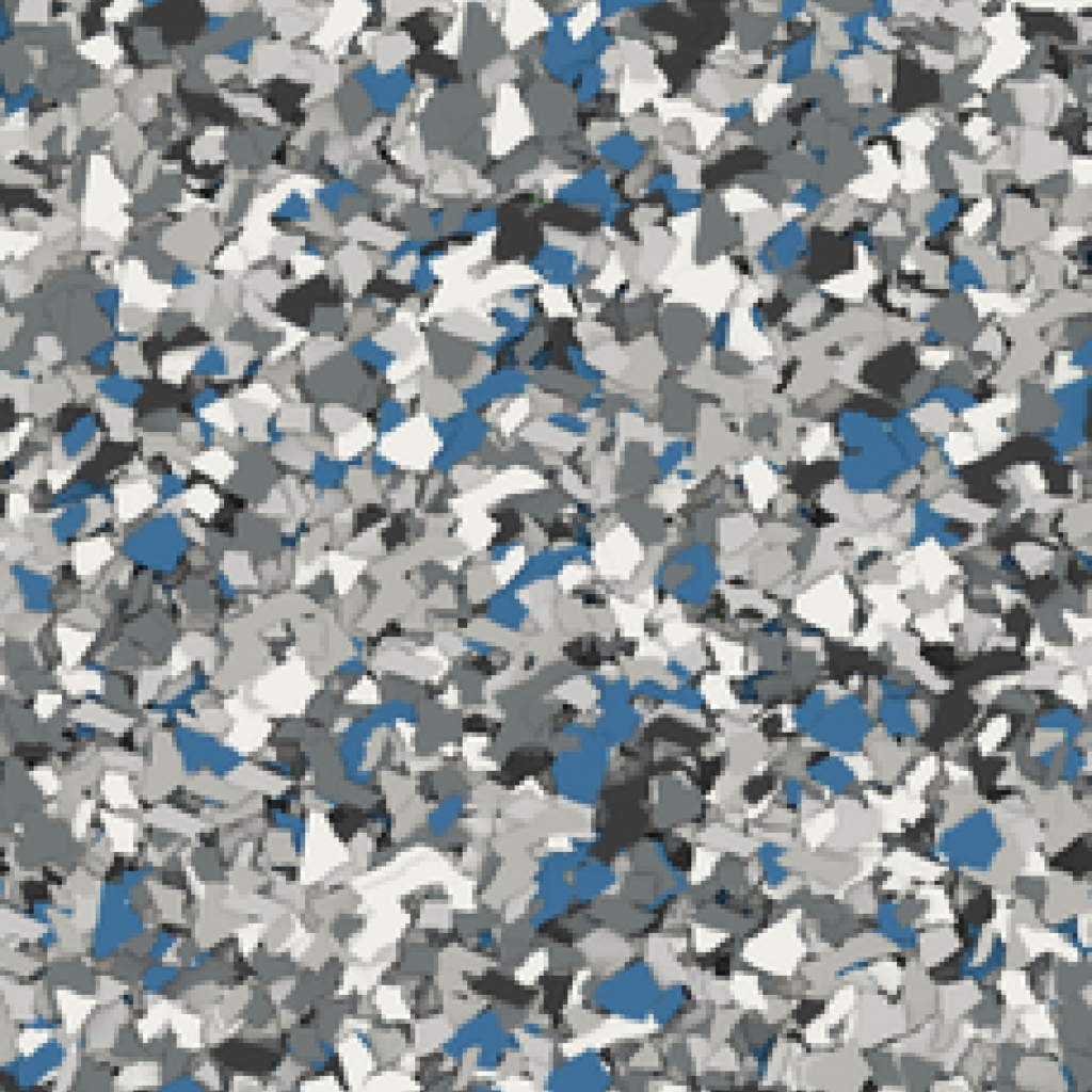 The image shows a colorful terrazzo floor pattern composed of irregular blue, grey, black, and white marble chips set in a concrete matrix.